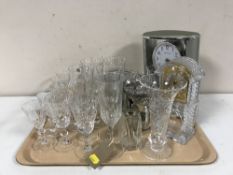 A tray of lead crystal mantel clock, one other, rose bowl, vase,