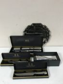 A plated tray and a boxed Arthur Price bread knife & cheese knife,