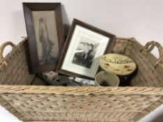 A large wicker log basket, papier mache plate, cobblers last, boots,