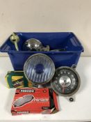 A box of assorted car parts - head lamp, break pads, speedometer, bottle jack, towing belts,