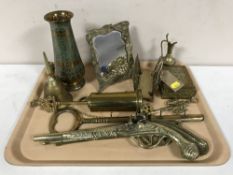 A tray of brass ware, brass letter rack, letter box,