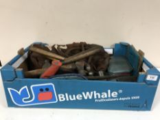 Two boxes of hand tools, grinding discs, wood working plane,