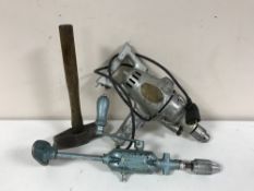 A large wooden crate of vintage Wolf drill, hand tools, saw blades,