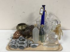 A tray of assorted glass ware, jelly mould, wooden animal,
