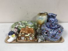 A tray of china posies, five piece trinket set, Royal Doulton Canterbury Pilgrims jug,