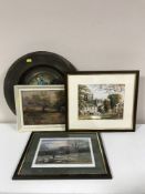 A box of copper plaque depicting the blue boy, four framed pictures inc.