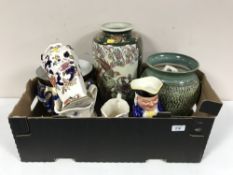 A box of pottery vase, three graduated jugs, Masons Mandalay vase, Poole vase,