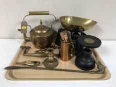 A tray containing vintage kitchen scales with weights, antique copper and brass kettle,