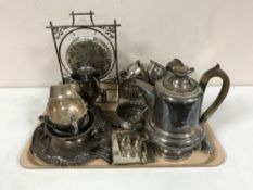 A collection of silver and plated items to include silver spoon, plated dinner gong on stand,