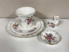 Five pieces of Royal Crown Derby including a Spaniel paperweight, Derby posy planter,