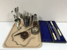 A tray containing plated ware including a three-piece carving set in case with silver collars,