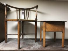 An inlaid mahogany corner armchair and an oak sewing box