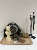 Walnut barometer, oak mantel clock, bust of John Paul II,