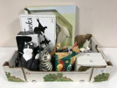A box of novelty animal ornaments, cats and frogs, two boxed flying duck sets,