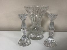 A pair of good quality crystal candlesticks and a crystal vase
