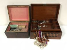 A 19th century caddy and a jewellery box containing a quantity of costume jewellery