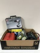 A box of Performance drill, Parkside cordless screwdriver,