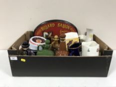 A box of pub ashtrays, saloon wall plaque, vases,