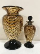 A David Wallace decorative glass vase with glass perfume bottle and stopper