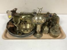 A tray of brass and plated ware - owl ornaments, toasting forks,