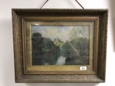 An un-signed antique gilt framed oil on board - cattle watering and a framed print of ballerinas in