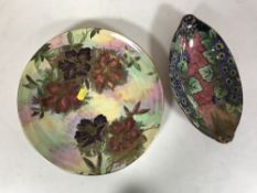 A Maling lustre plate with floral decoration and a Maling dish