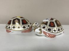 A pair of Royal Crown Derby paperweights modelled as turtles with gold back stamps