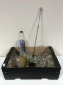 Two boxes of glass ware, ship in bottle, kitchen jars,