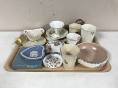 A tray of Belleek shell cup and saucer, Wedgwood pin dish, Poole bowl, Royal Albert Spring trio,
