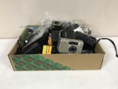 Two boxes of digital cameras inc Fuji Film, Olympus, Pentax camera, camera bags,