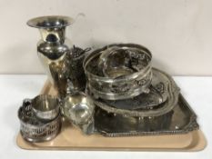 A tray of 20th century plated ware - serving trays, wine coasters, vases,