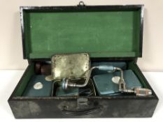 A wooden joiner's box and a vintage case of paint brushes, brace, pliers,