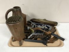 A tray of wooden pistols, wooden tankard,