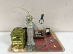 A tray of Ringtons tin, boxed Brownie camera, wooden jewellery box of lighters, table lighters,