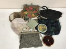 A box of early 20th century lady's purses, chain mail purse, Scottish tartan purse,