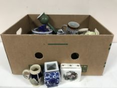 Two boxes of assorted china, vases, Danbury Mint collector's plates of ballet dancers, tankard,