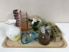 A tray of oriental figurine, two Eastern soapstone vases,