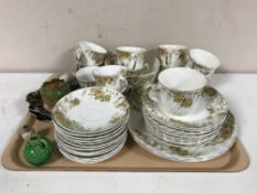 A tray of thirty nine piece English china set, Russian figure of a weasel, miniature oriental pot,