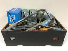 A box of battery charger, Chubb mortise locks, hand saws, socket sets,