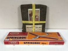 A boxed Veron Springbok 72 inch soaring sail plane and a boxed Marquetry art set