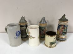 Two boxes of a large quantity of glass mugs, beer steins, glass vases, planter,