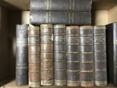 A box of six leather bound volumes : Sunday Magazines dated 1880's and four volumes : The Borderers