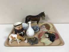 A tray containing Goebel monk character jug, pair of Bing and Grondahl dishes,