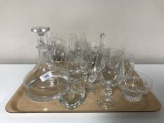 A tray of Dartington crystal decanter, glasses, goblets,