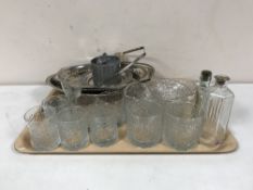 A tray of plated baskets, boxed Swarovski swan, glass ware,