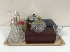A tray containing Waterford crystal carafe, lead crystal vase and sugar basin,