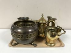 A tray of assorted and copper brass ware - candlesticks,