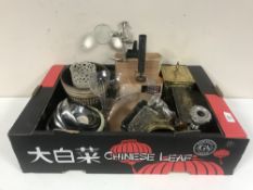 Two boxes of cigar boxes, brass ware, pottery pieces,