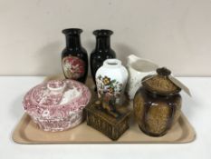 A tray containing a pair of Chokin vases, lidded midwinter muffin dish, Sylvac lidded jar,