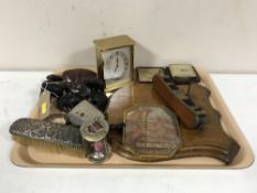 A tray of animal ornaments, cigarette box, napkin rings, desk clock, carriage clock,
